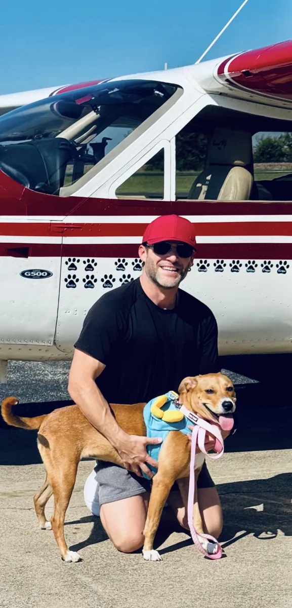 A man kneeling beside a tan dog wearing a blue harness